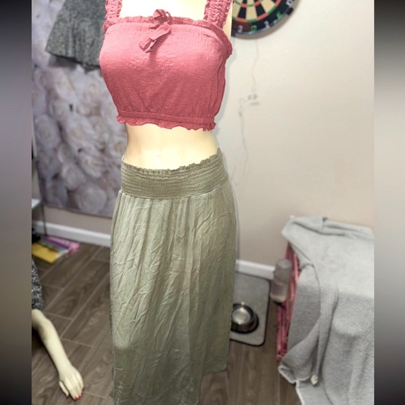 Final touch High waisted Boho Sage smocked waist Gauze Midi Skirt w Pockets M - Picture 6 of 15